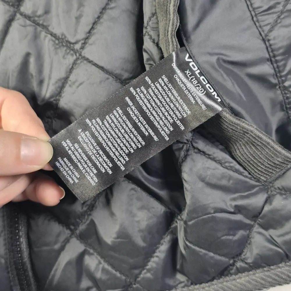 Volcom Reversible Quilted Vest Youth XL (18-20) Black Corduroy Collar Full Zip